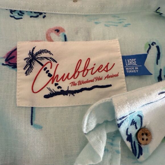 CHUBBIES SHIRT MENS LRG COTTON SS LT BLUE BUTTON CASUAL FLAMINGO TROPICAL HAWAII - Picture 5 of 13